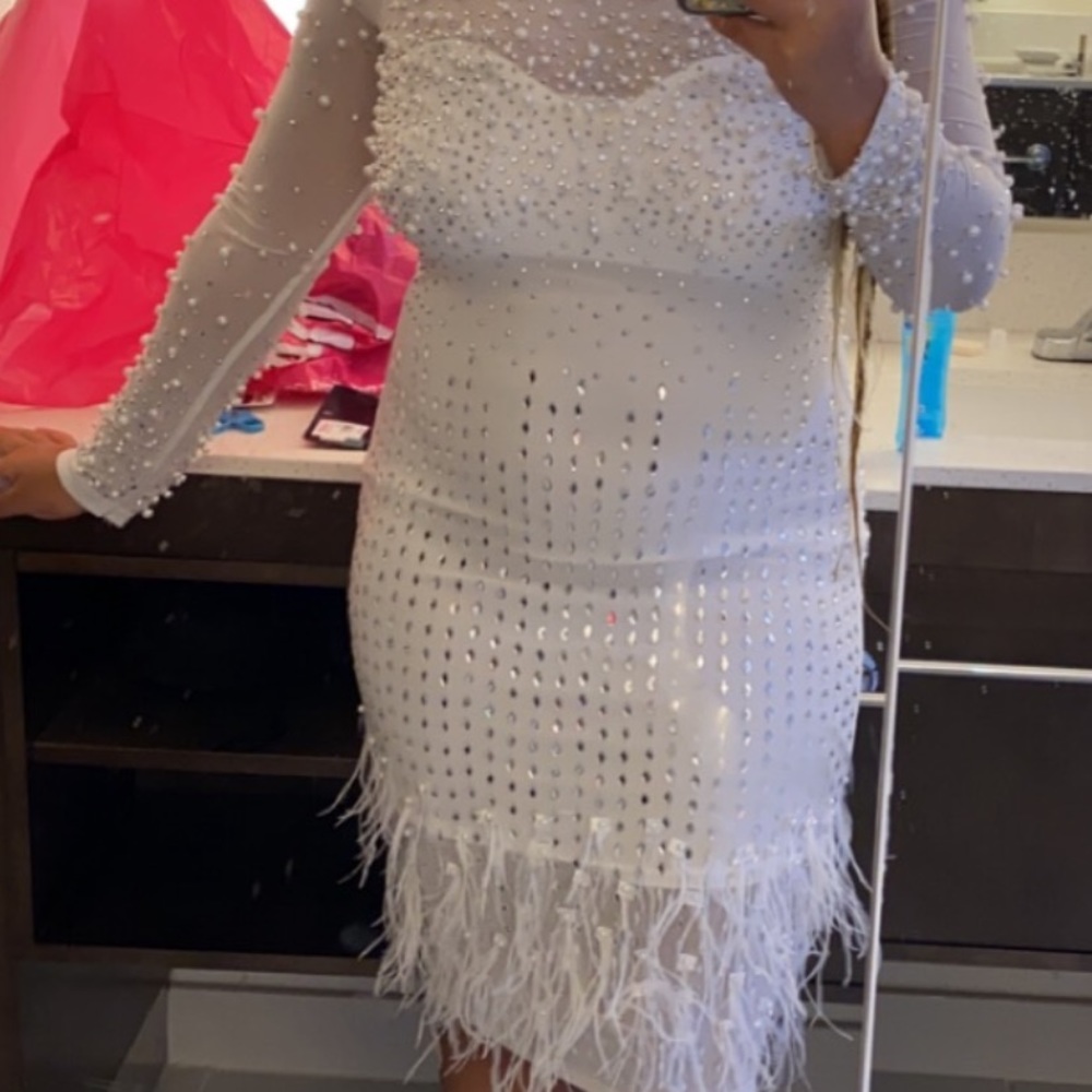 White Long Sleeve Sparkly Rhinestone Dress